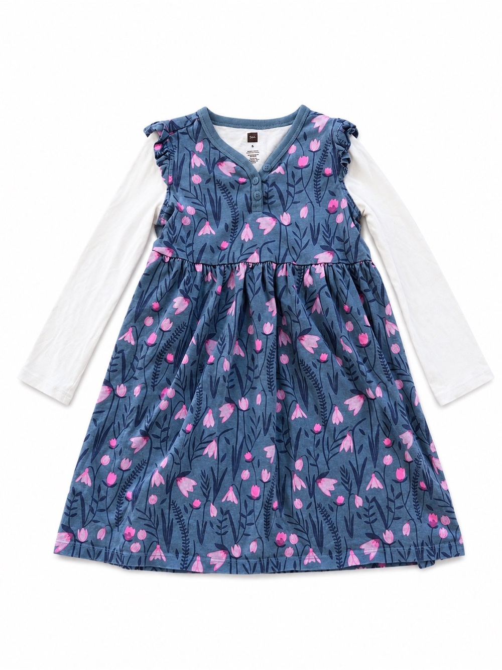 Tea Collection Navy Blue Floral Two-in-One Long Sleeve Dress with Pink Accents